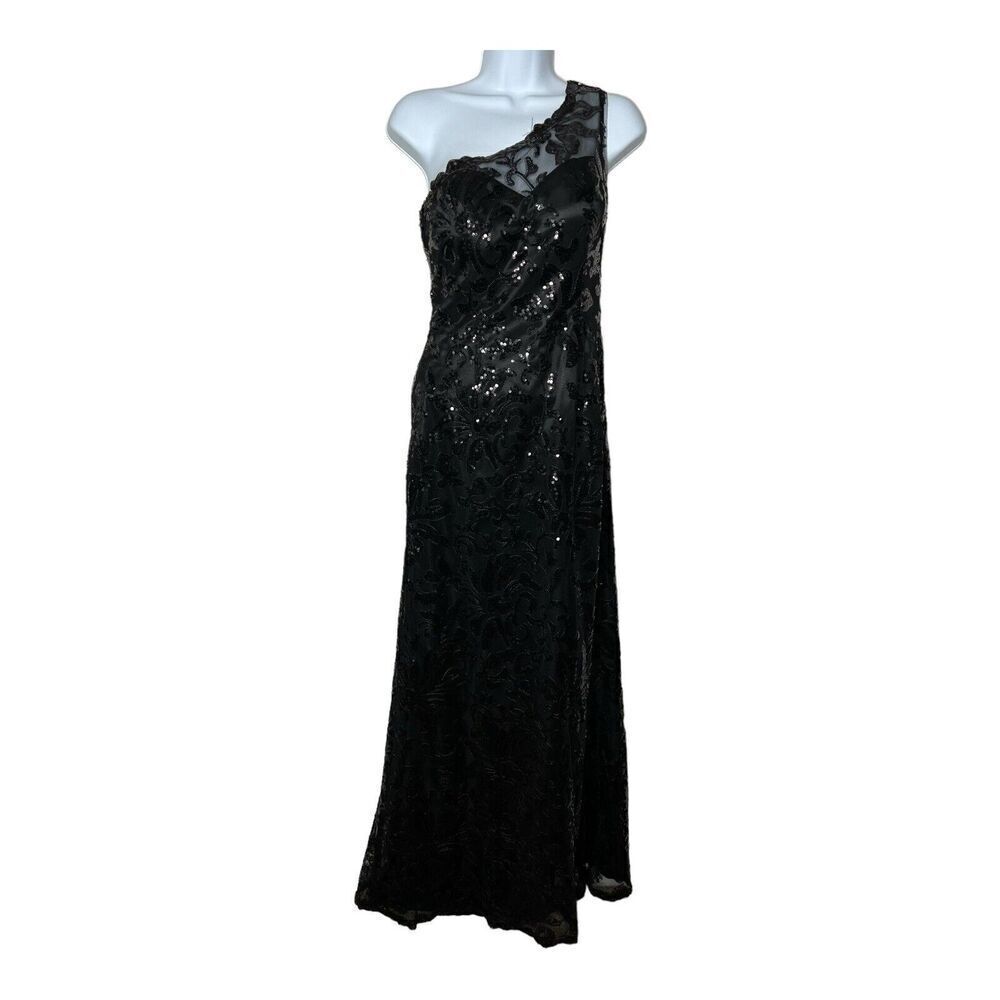 Jade Couture Womens Formal Dress Size 2 Black Mesh Sequin One Shoulder Long